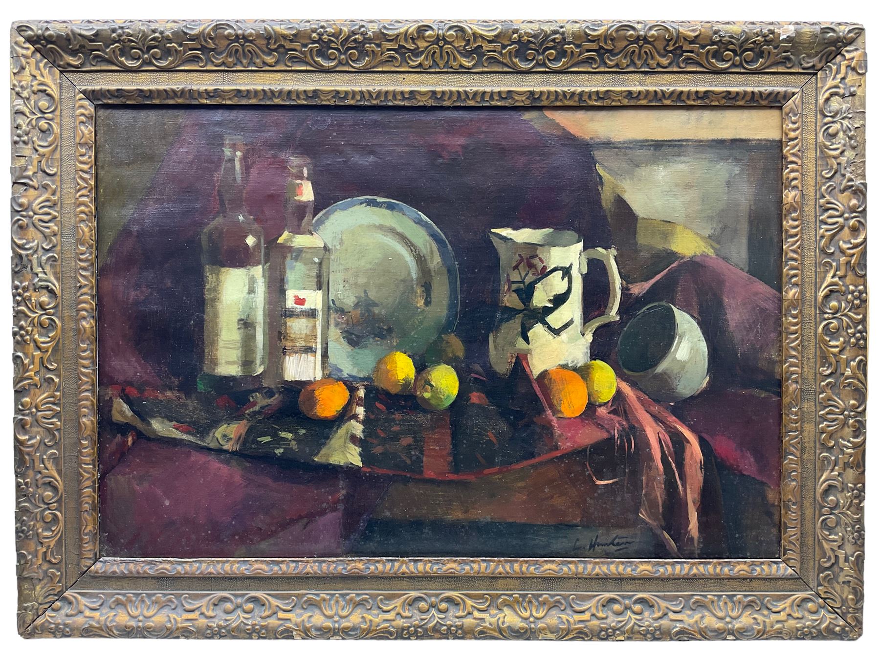 Circle of George Leslie Hunter (Scottish 1877-1931): Still Life with Fruit, oil on canvas signed 50cm x 75cm 
Provenance: with Doig Wilson & Wheatley, Edinburgh; James Bourlet & Sons, London, labels verso. Same family ownership for over 20 years.