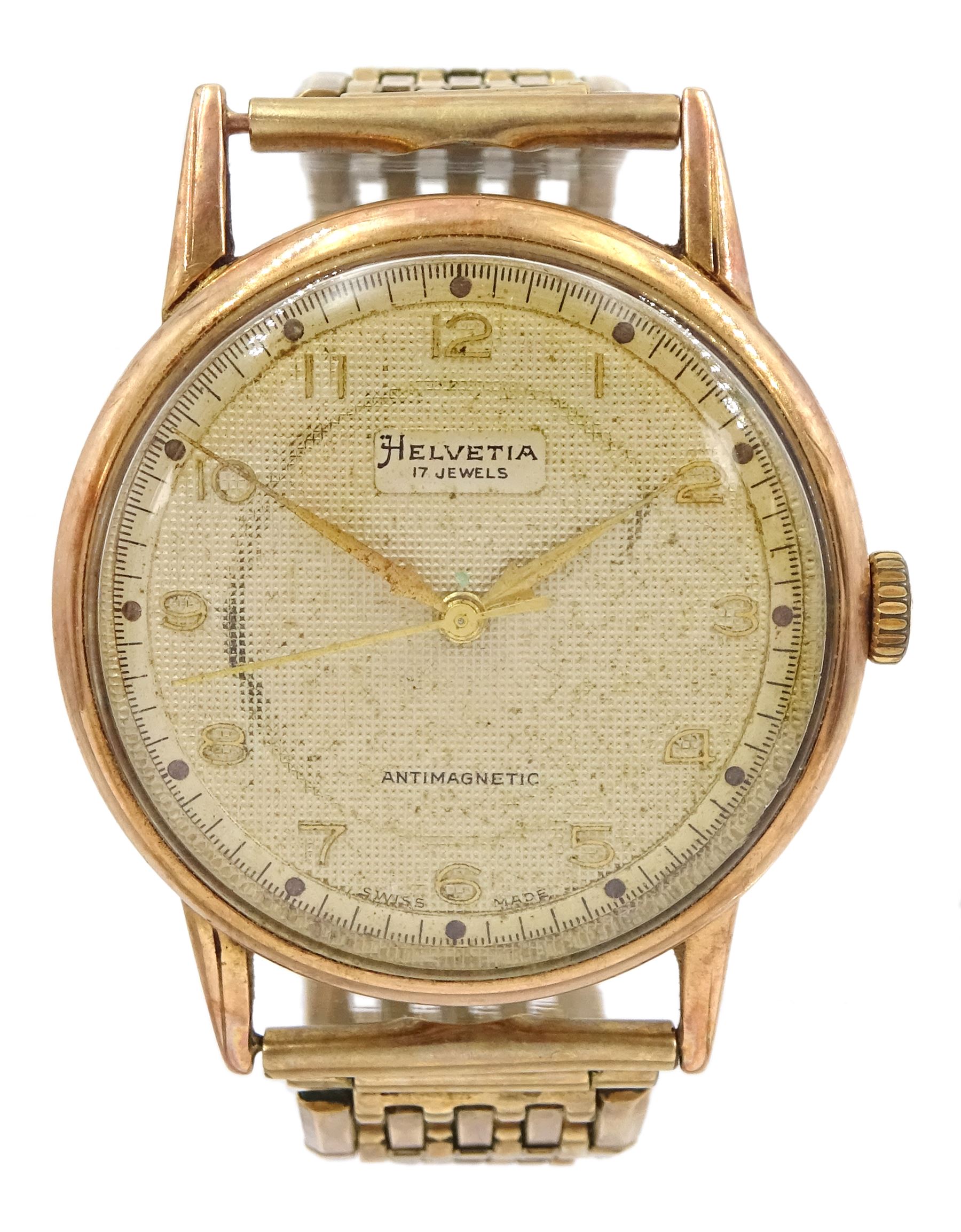 Helvetia gentleman's 14ct gold manual wind wristwatch, London 1946, on gold-plated bracelet strap
