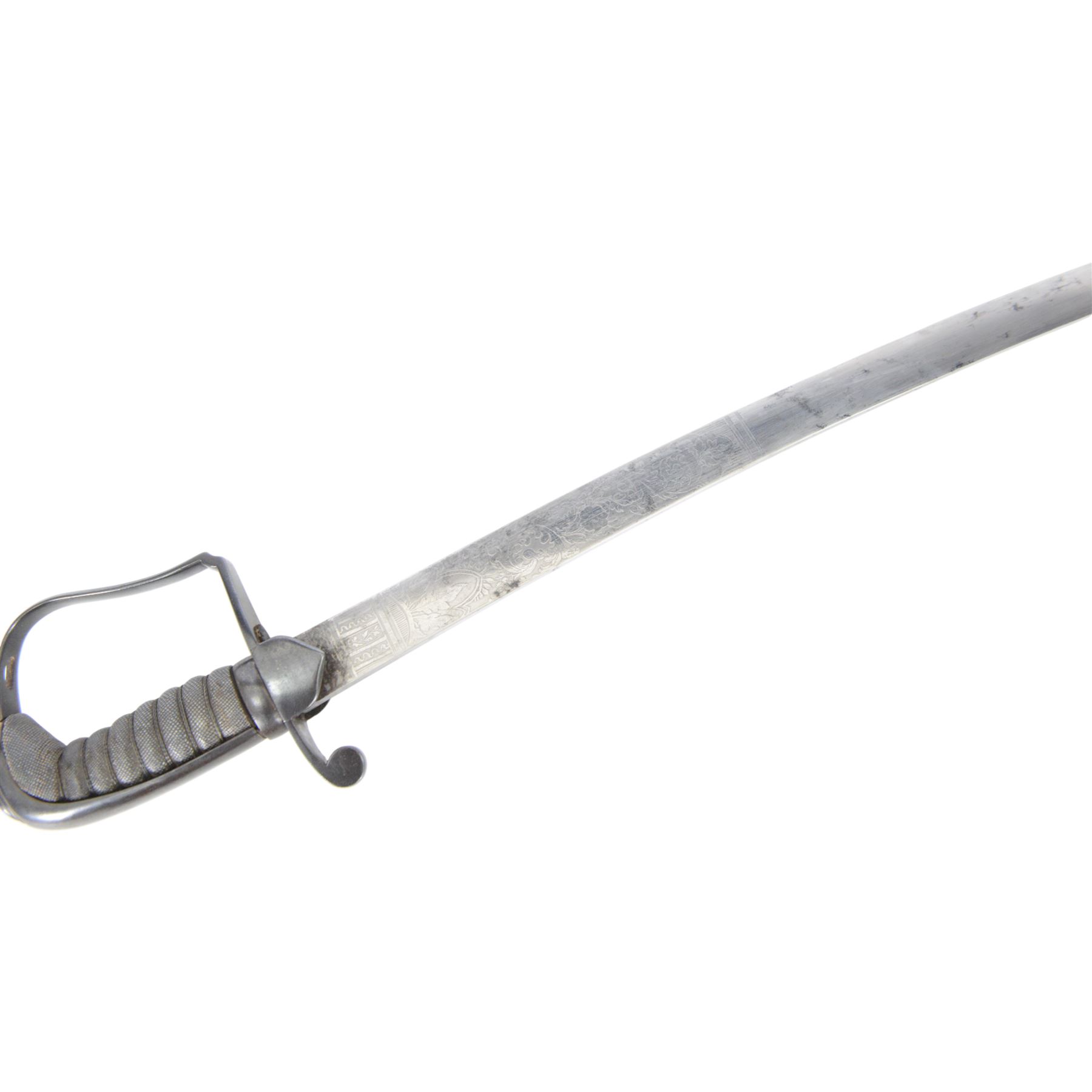 British Georgian 1796 pattern light calvary officers' scabre, the 76cm curved single edge blade etched to both sides, the stirrup steel hilt with shield langets, dove head pommel and backstrap, within steel scabbard with twin suspension rings, overall L92cm   