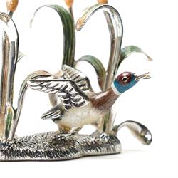 Silver and enamel model of a mallard taking flight from bulrushes and on a naturalistic base  H7cm x W7cm marked 925