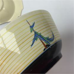 Clarice Cliff for Newport Pottery ceramics, comprising bowl, in Pine Grove pattern,  and a Bizarre sugar bowl and grape fruit bowl, both decorated in abstract patterns, all with printed mark beneath, Pine Grove bowl D14cm