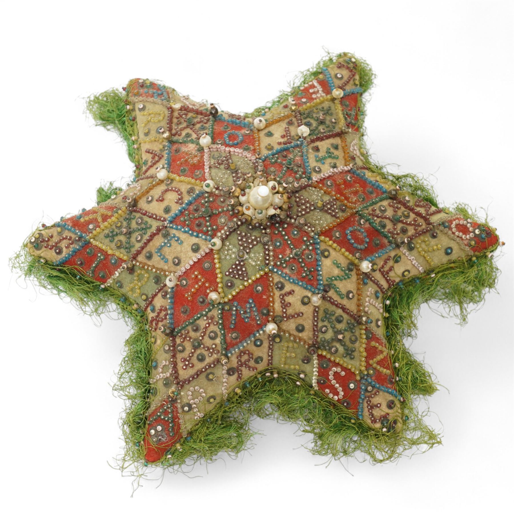 Victorian sweetheart pin cushion in the form of a star 'Forget Me Not, from Warley Barracks' 1889, a WWI heart shape cushion 'Essex Regiment' and another 'Royal Sussex Regiment' (3)