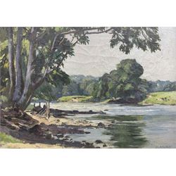 Marie Hartley (Yorkshire 1905-2006): 'The Wharfe near Harewood', oil on canvas signed, titled on printed label verso 25cm x 35cm 