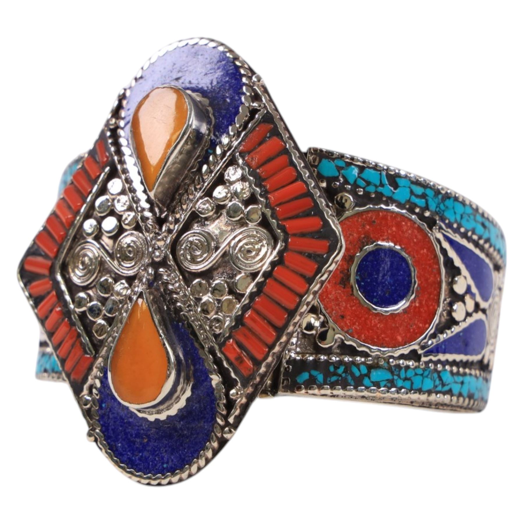 Tibetan style cuff, inlaid with turquoise and lapis lazuli, D7cm