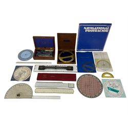 Brass 360 precision drafting protractor by Chadburn bros, in mahogany case, A G Thornton Drawing instruments in a mahogany case, together with P.I.C slide ruler, Nautical protractors etc 