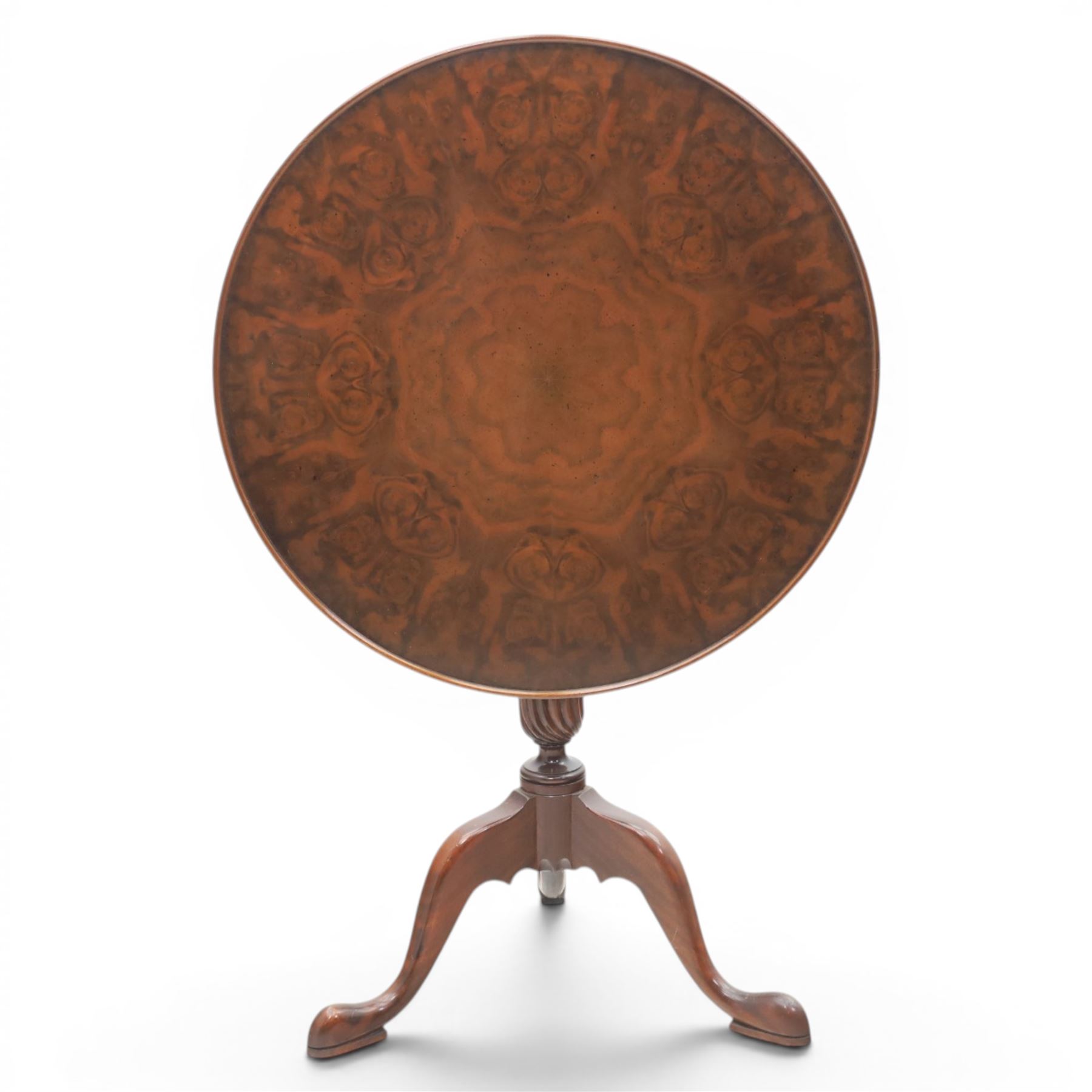 Georgian design figured walnut tripod table, book-matched sun-burst veneered circular snap top, raised on a turned column, above cabriole legs with pad feet