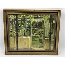 Alan Longmuir (British exh.1933-1960): 'Through the Conservatory', oil on canvas signed and dated 1950, titled verso 39cm x 49cm