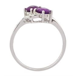 9ct white gold purple garnet and diamond crossover ring, hallmarked