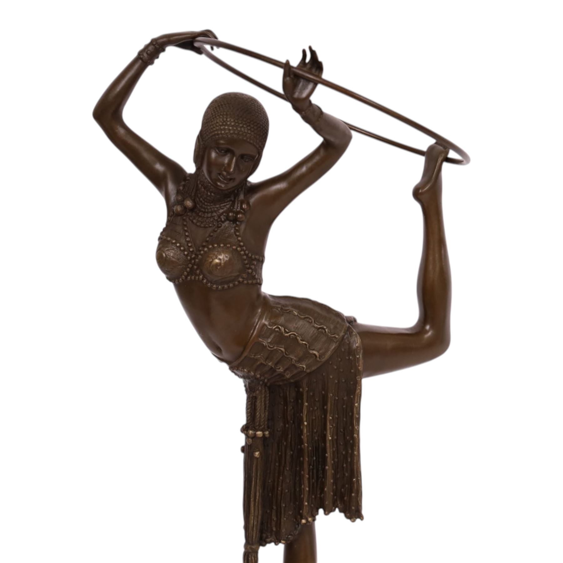 After Demetre Chiparus (1886-1947), an Art Deco style bronze modelled as a dancer with hoop, upon a stepped circular base, H51cm