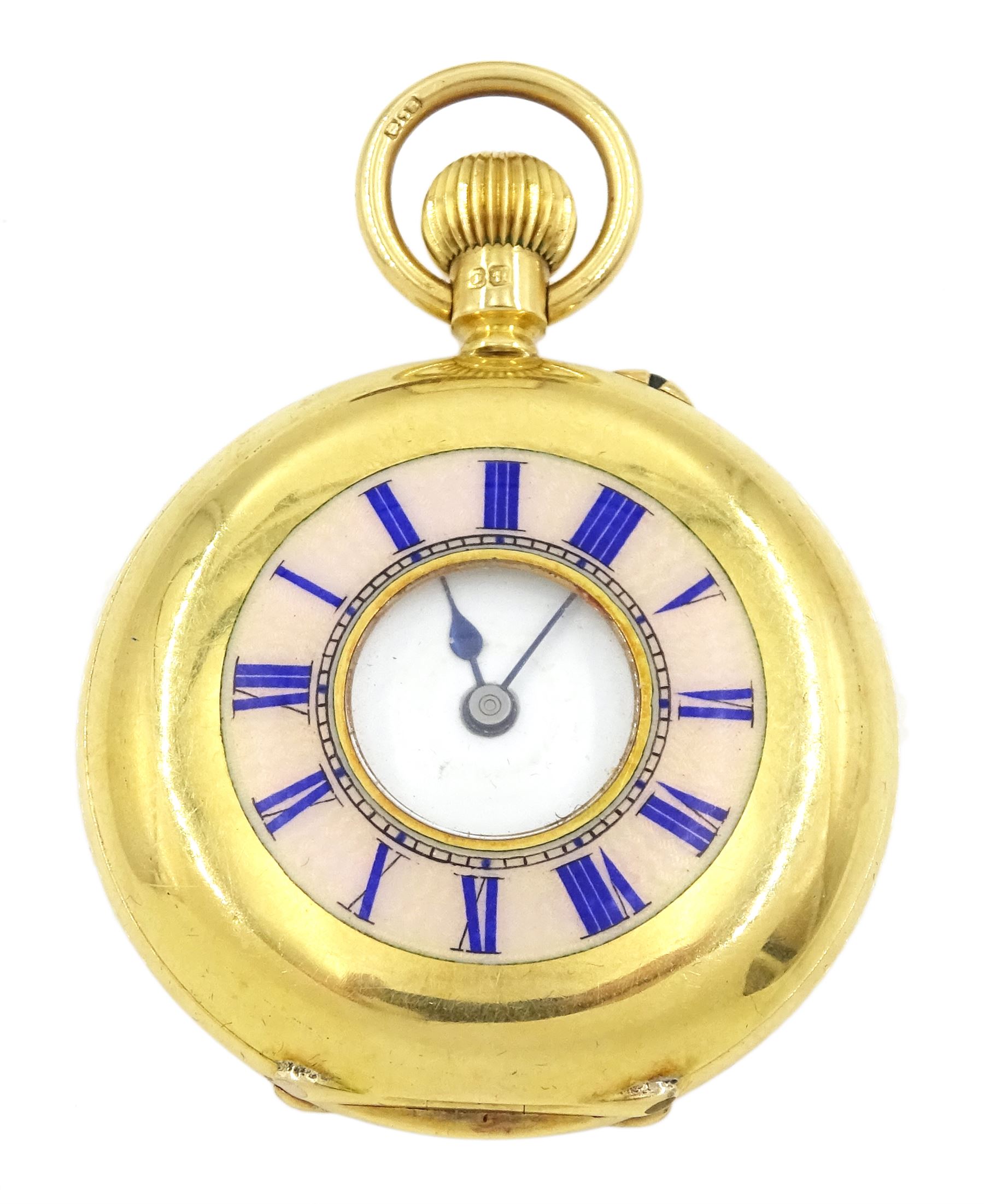 Edwardian 18ct gold half hunter keyless lever fob watch by Manoah Rhodes & Sons Ltd, No. 30256, white enamel dial with Roman numerals, back case engraved with monogrammed initials, case makers mark G B, London 1903, in fitted velvet and silk lined case