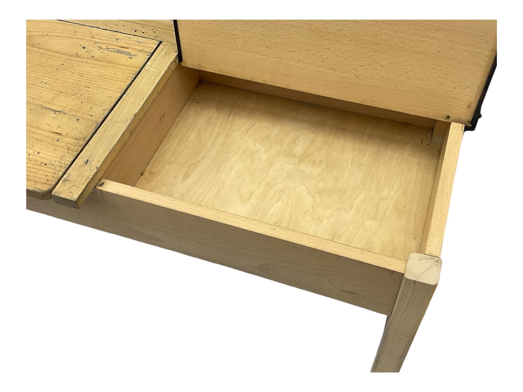 Mid-20th century beechwood school desk, rectangular lift-top desk with storage compartment, supported by square legs with cross stretchers; two matching beech chairs (3)