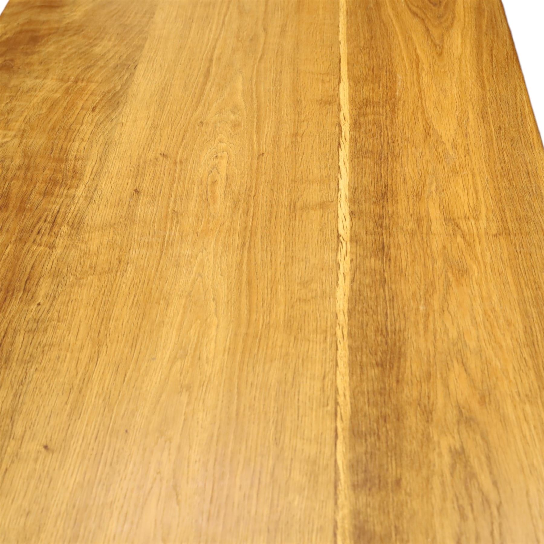 Knightman - oak refectory dining table, the rectangular adzed top raised on shaped trestle supports joined by central stretcher, with recessed carved knight trademark, by Horace Knight of Old Mill Furniture, Balk near Thirsk