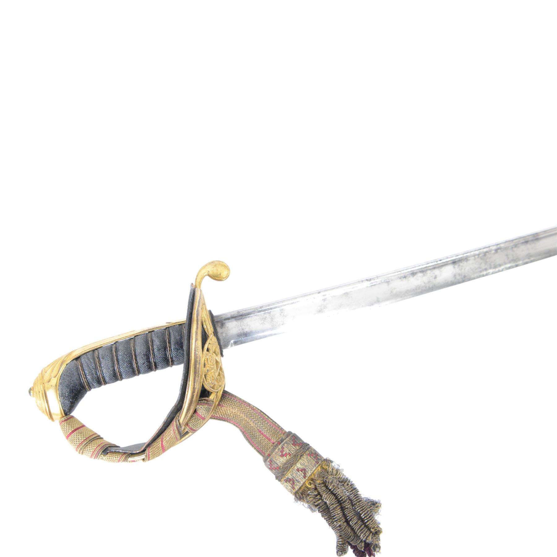 British William IV 1822 pattern Infantry General sword, retailed by John Salter cutler to Horatio Nelson and Prince Augustus Fredrick, Duke of Sussex, the 73cm curved pipe backed blade etched to both sides, with the royal monogram and the owners coat of arms and initials 'GD, brass gothic guard with original gilding, the cartouche of the crossed baton depicting the crossed baton and sword of a general, shagreen covered grip and triple wire binding, the guard complete with leather lining and gilt sword knot, in leather scabbard with three gilt brass mounts, the top mount bearing the cutlers name and address, with twin suspension rings, overall L89cm  