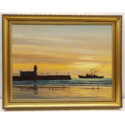 Don Micklethwaite (British 1936-): HMS Ark Royal at Scarborough 1988, oil on canvas 45cm x 60cm 
Provenance: commissioned by the vendor, later used as the original for a series of prints after the artist