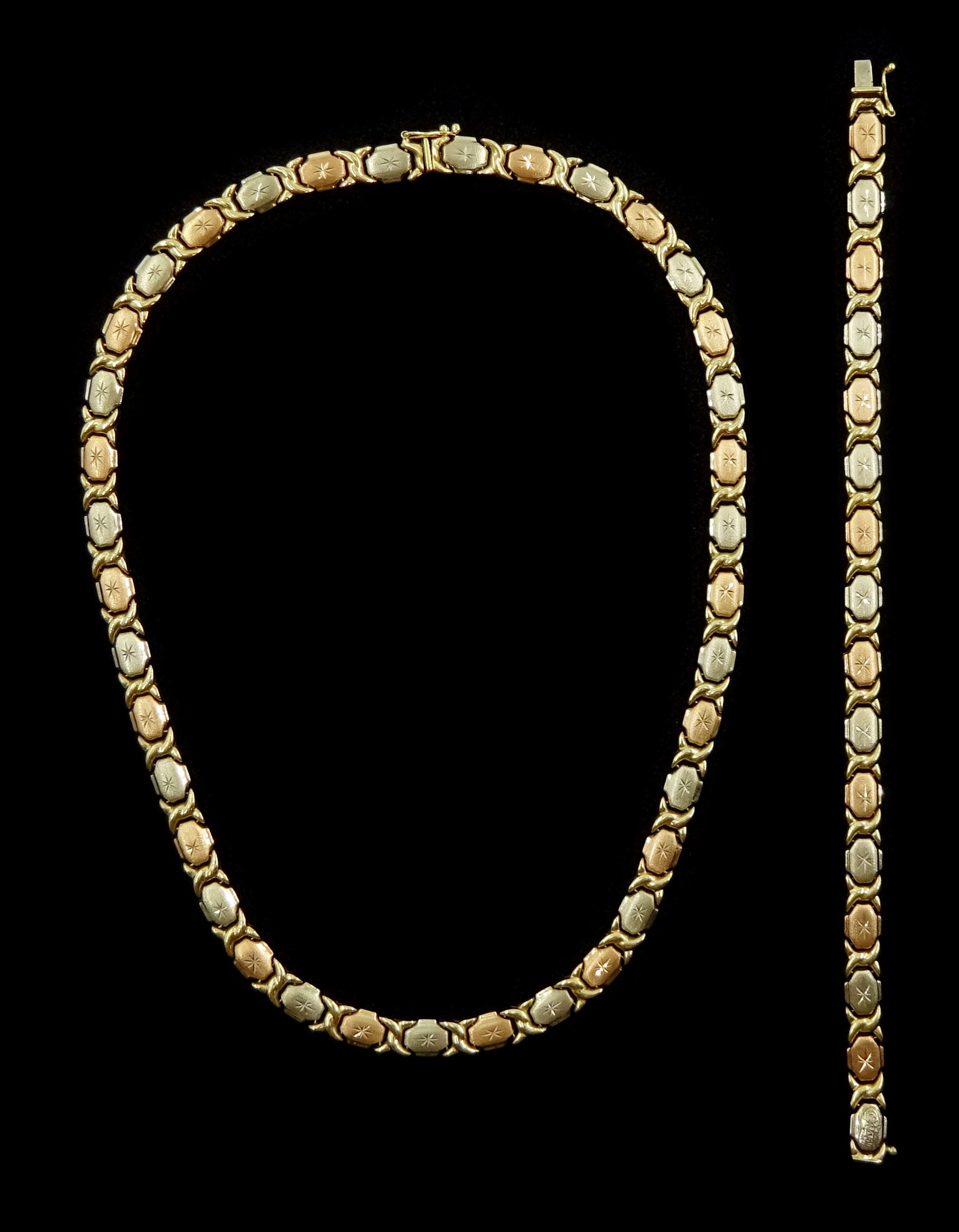 14ct white, yellow and rose gold link necklace and matching bracelet, both stamped 585