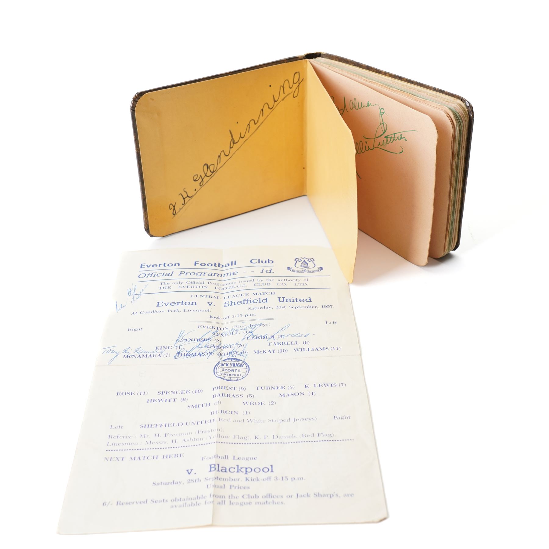 Autograph book and contents of Everton F.C. signatures including signed programme against Sheffield United, September 1957