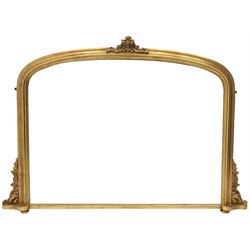 Victorian design gilt overmantel mirror, moulded arched frame with scrolled foliage cartouche pediment and brackets 