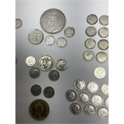 Mostly Great British coins including Queen Victoria 1890 crown and 1890 shilling, various pre 1947 and pre 1920 silver threepence pieces etc