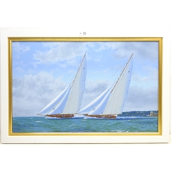  George Drury (British 1950-): 'Candida and Astra off the Royal Yacht Squadron', oil on canvas signed, titled verso 42cm x 67cm    