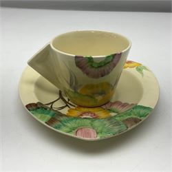 Clarice Cliff for Wilkinson Pottery, Viscaria pattern, conical tea cup and saucer, circa 1935, black printed mark beneath, H7cm
