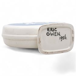 Pate sur pate two handled pilgrim flask modelled by Eric Owen with cherubs on a blue circular panel , white rose to the reverse, inscribed and dated 1956 H20cm