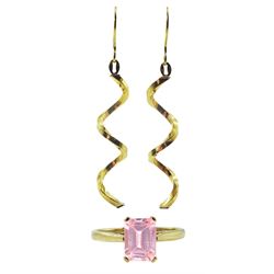 Gold emerald cut pink stone ring and a pair of gold spiral earrings, both 9ct stamped or hallmarked