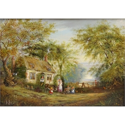 Family with Donkeys outside a Country cottage, 19th century oil on canvas indistinctly signed and dated 1875, 22cm x 30cm  