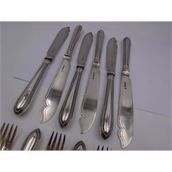 Set of six Victorian silver fish knives and forks, each with tapering beaded handles, handles, blades and prongs hallmarked Henry Wilkinson & Co, Sheffield 1878 & 1879,