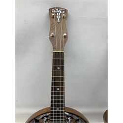 Trumelo BMI banjo ukulele no.3013 L58cm; in soft carrying case; and Kapok Brand guitar shaped ukulele L51cm (2)