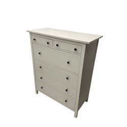 IKEA - 'Hemnes' white finish straight-front chest, fitted with two short and four long drawers; and IKEA - 'Hemnes' pair white finish bedside chests, fitted with two drawers