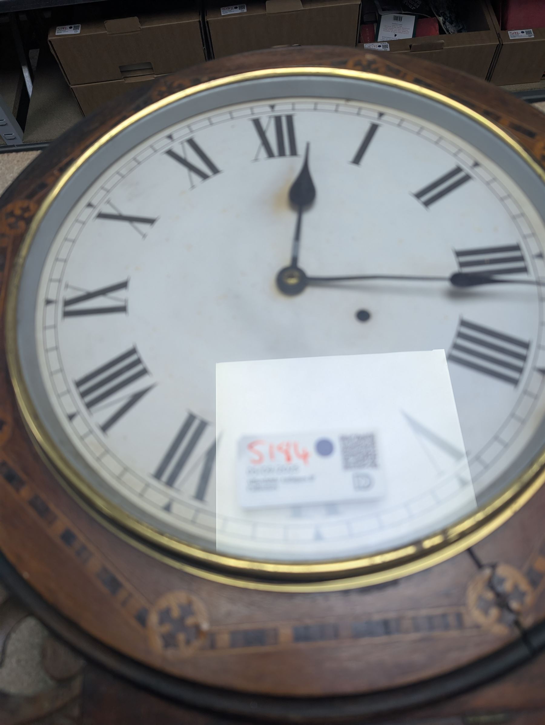 American-Victorian walnut drop dial wall clock with parquetry inlay, c1880, 8-day timepiece movement and a Kundo 1960’s torsion clock with a skeleton movement and four ball oscillating pendulum, with a glass dome. Torsion spring intact.