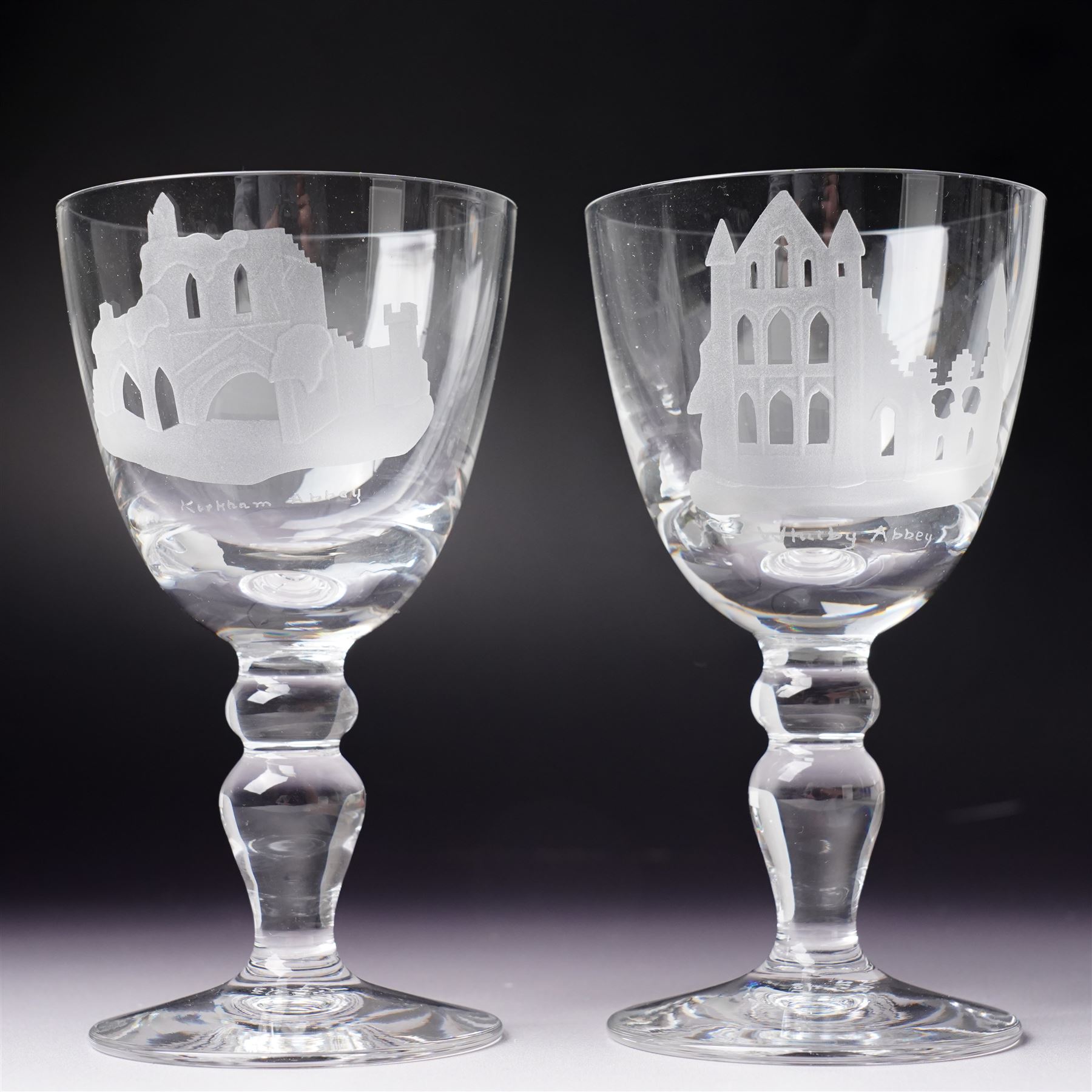 Set of six limited edition etched Caithness goblets, depicting the Abbeys of Yorkshire, no 1/100 with original box and certificate of authenticity