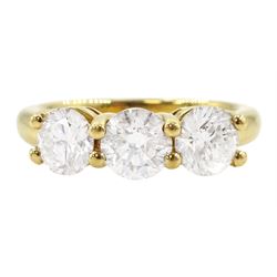 18ct gold three stone round brilliant cut diamond ring, hallmarked, total diamond weight approx 1.80 carat