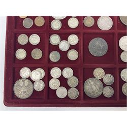 Great British and World coins including King George V 1935 crown, various silver three pence pieces, United States of America 1944 quarter dollar etc, housed in a coin tray