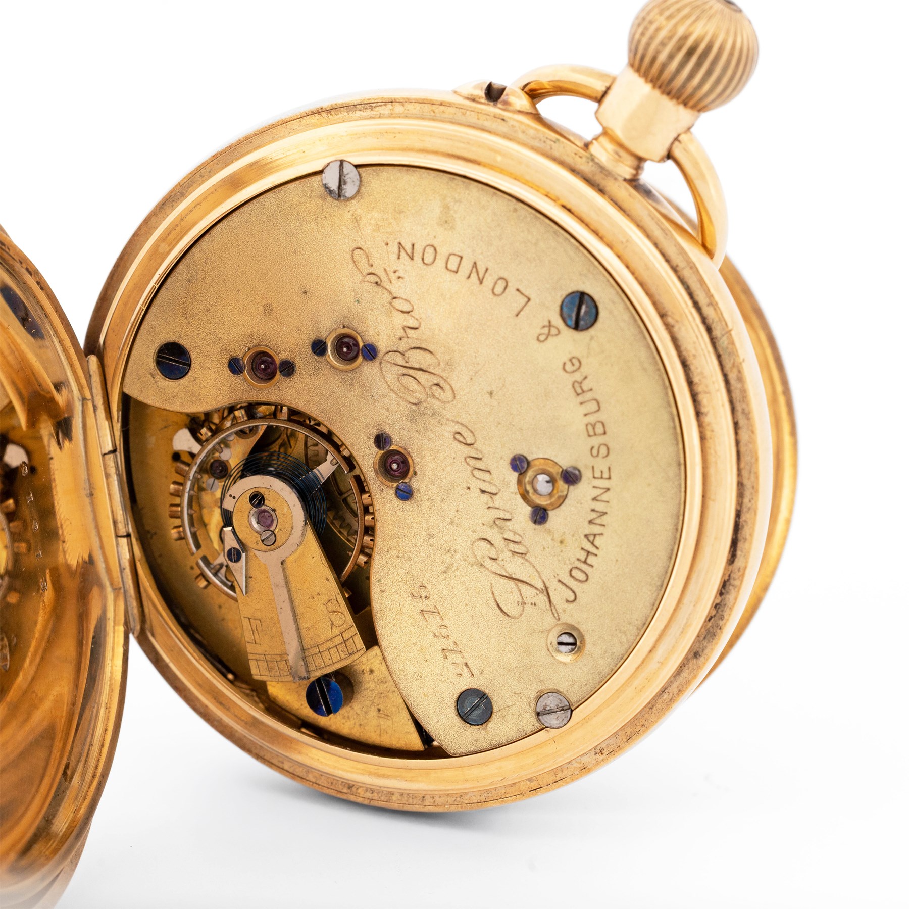 Victorian 18ct gold half hunter keyless lever presentation pocket watch by Lavine Brothers, Johannesburg & London, white enamel dial with Roman numeral hour markers and subsidiary seconds dial, the base case monogrammed with initials, case by Fred Thoms, London 1897