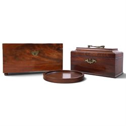 William IV figured mahogany tea caddy enclosing three hinge top lift-out compartments, tog...