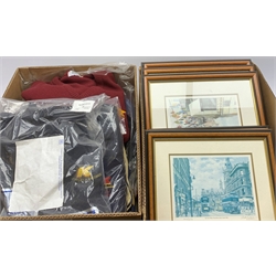 Quantity of bus company corporate clothing, mainly Yorkshire based, including ties, jumpers, jackets etc; two company branded travel bags; and six limited edition colour prints of Leeds buses after Pete Lapish