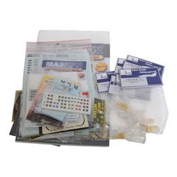 Scale modelling detailing accessories, predominantly for aircraft modelling, including masking sheets, metal parts, white metal weapons, moulded seats, decals, etc all within packaging
