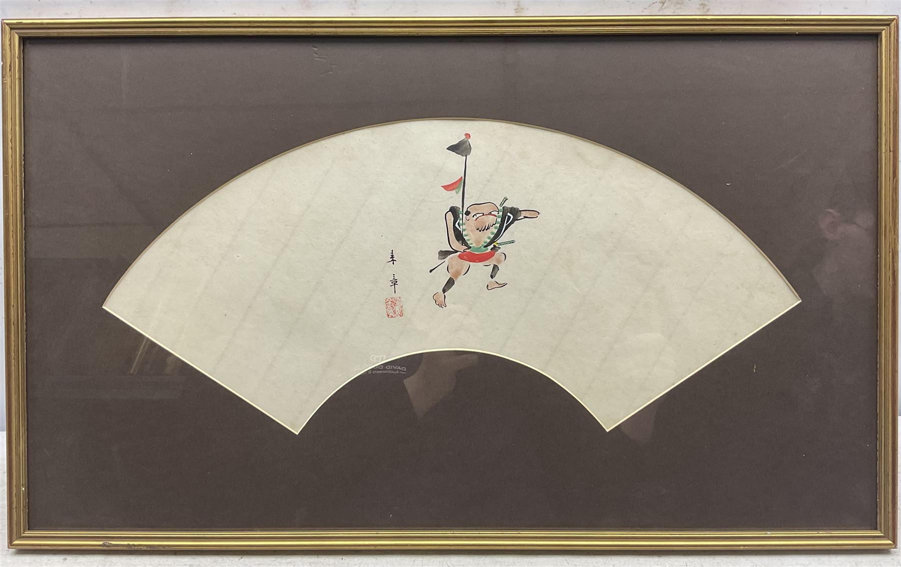 Nakajima Raisho (Japanese 1796-1871): Figure with Flagpole, watercolour designed for a fan signed with artists seal 15cm x 47cm