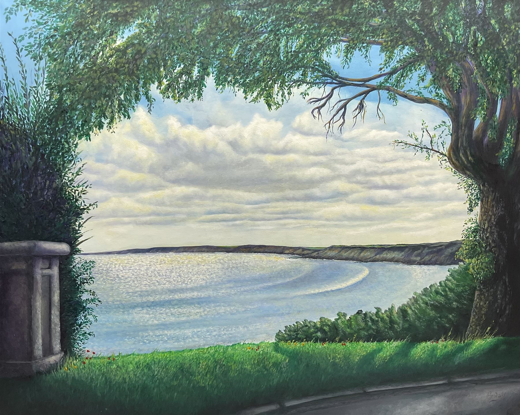 Peter J Bailey (British 1951-): 'Mr Woodall's Garden' - Scarborough South Bay from the Town Hall, oil on canvas signed, titled verso 81cm x 101cm