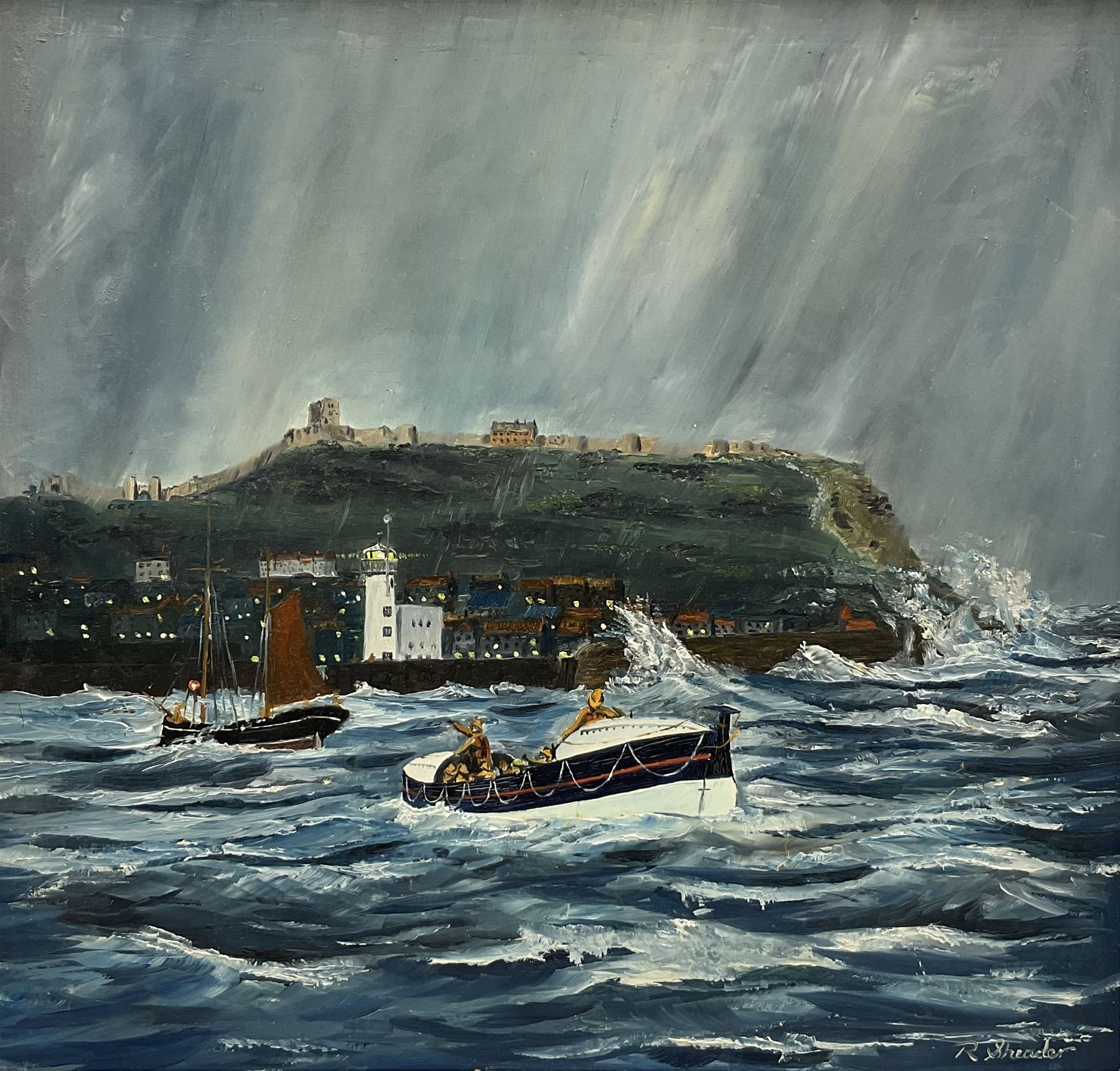 Robert Sheader (British 20th century): Boats Leaving Scarborough Harbour, oil on board signed 46cm x 49cm