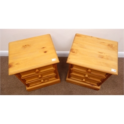  Pair solid pine bedside chests, moulded top, three drawers, plinth base, W45cm, H57, D38cm  