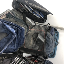  Quantity of fishing tackle including Map layflat carryall black edition bag, Milo fishing seat/storage box, various nets, waterproof clothing etc  