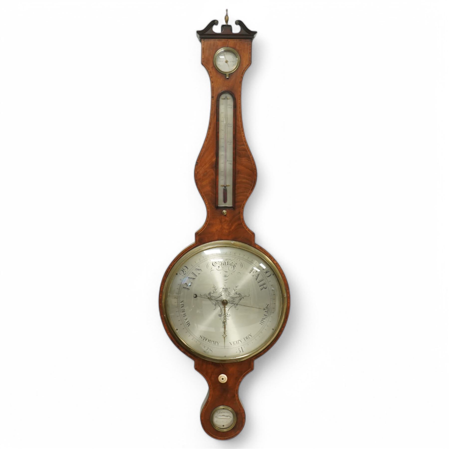 Zanetti of Manchester- late 19th century wheel barometer in a mahogany case with a break arch pediment, brass finial and rounded base, with a hydrometer, spirit bubble and boxed spirit thermometer, 12