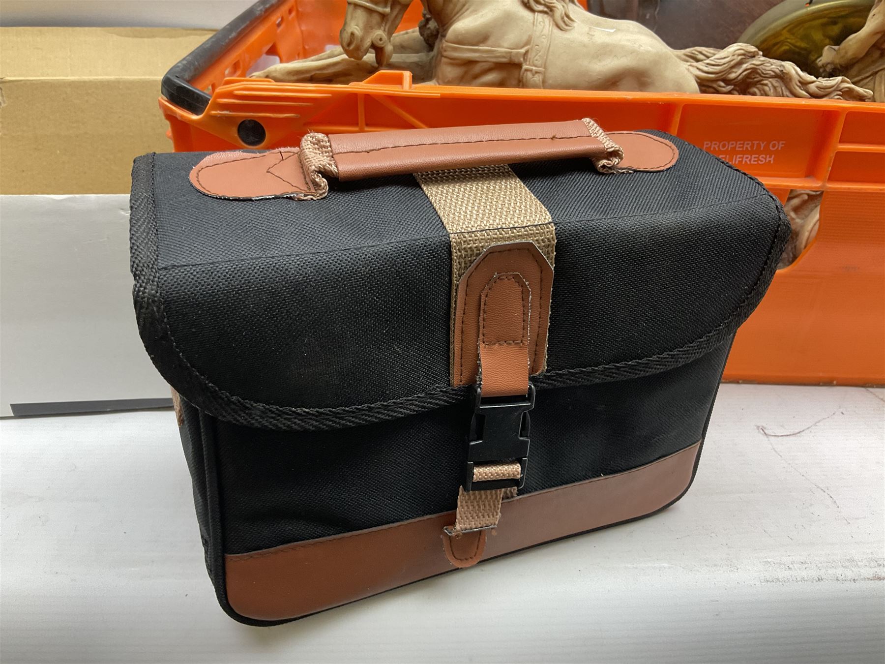 Composite figure of a Roman chariot, together with Olympia NK4040 camera, sewing machine and other collectables, in two boxes  