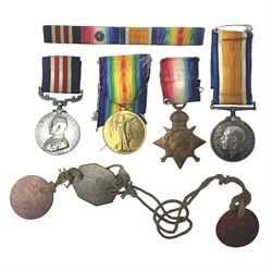 WW1 Military group of four comprising 1914 Star awarded to 7024 Pte. E. Hall 1/Som. L.I., British War Medal and Victory Medal awarded to 7024 W.O. Cl.2. E. Hall Som. L.I. and Military Medal awarded to 197248 Sjt. E. Hall No.1 Spec. Coy R.E.; all with ribbons; medal bar with MID rosette; and identification tags