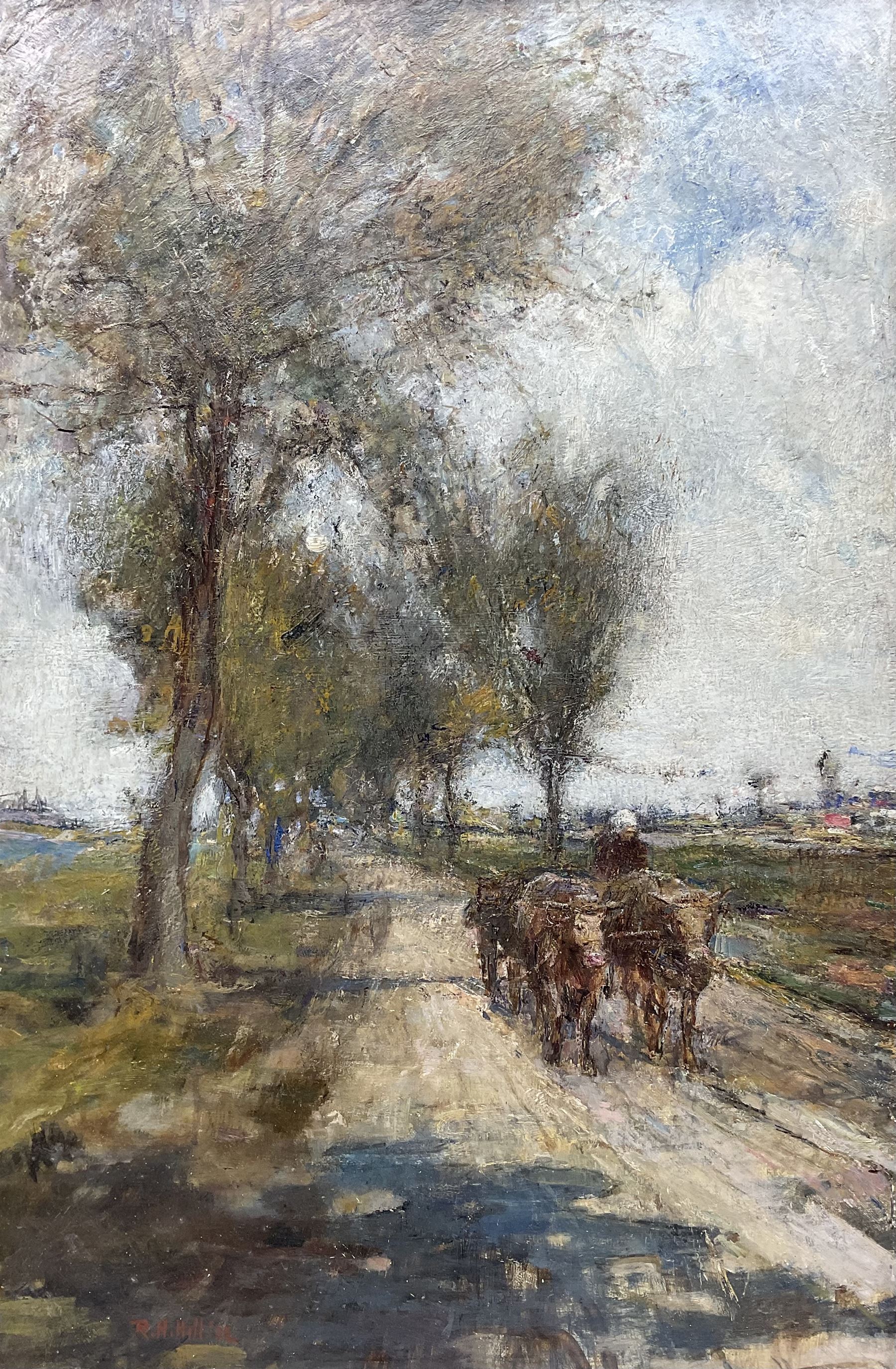 Rowland Henry Hill (Staithes Group 1873-1952): Ox Drawn Cart in Flatland Landscape, oil on canvas signed and dated '02, 76cm x 50cm