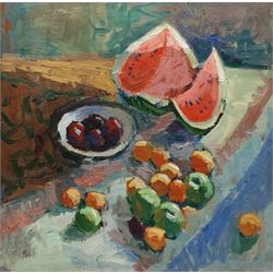 Vladimir Feklyaev (Russian 1947-): Still Life with Watermelon, oil on board signed in Cyrillic and dated 1988 verso 55cm x 55cm