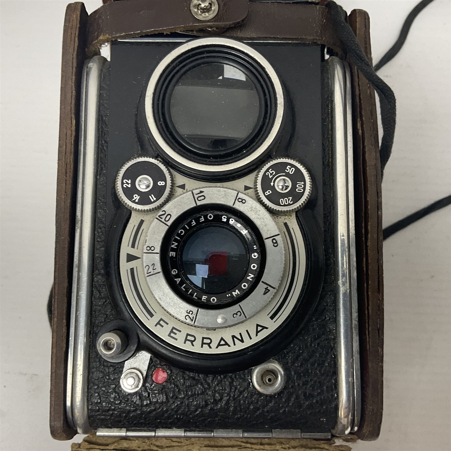 Franke & Heidecke Rolleicord twin lens camera, serial number 012706 with Heidoscop-Anastigmat f=7.5cm' lens and a 'Carl Zeiss Jena Triotar 1:4.5 f=7.5cm' lens, serial no 1474898, together with three similar cameras, including SEM TLR, serial no 420218, Ising Pucky box and Ferrania Elioflex, three in leather carry cases