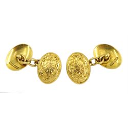 Pair of early 20th century 18ct gold cufflinks, with leaf decoration, makers mark B & H,  stamped 18ct, boxed